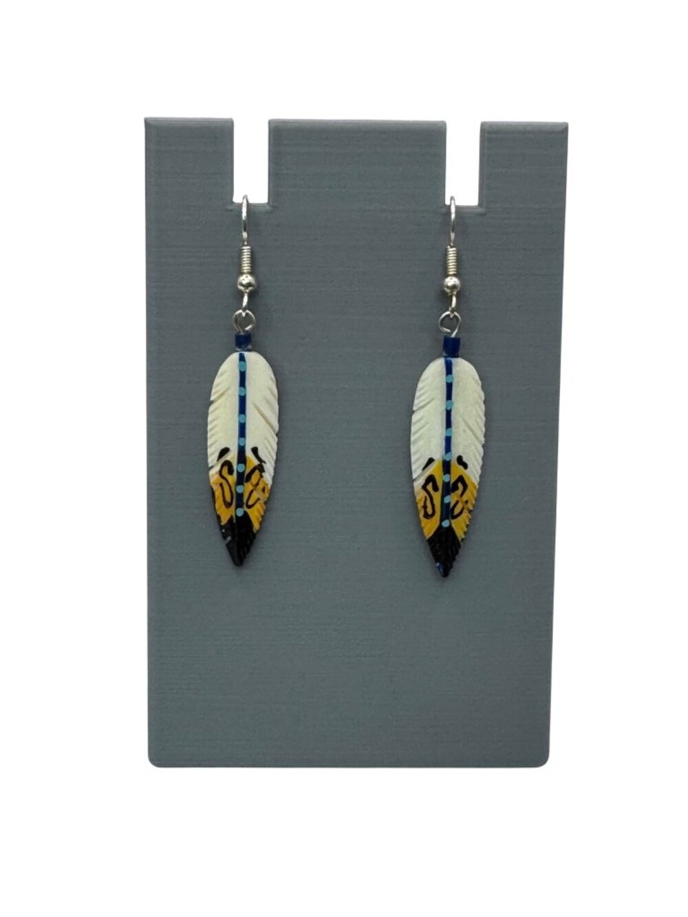 Hand-Painted Carved Antler Feather Earrings Tribal Design Blue Turquoise Native